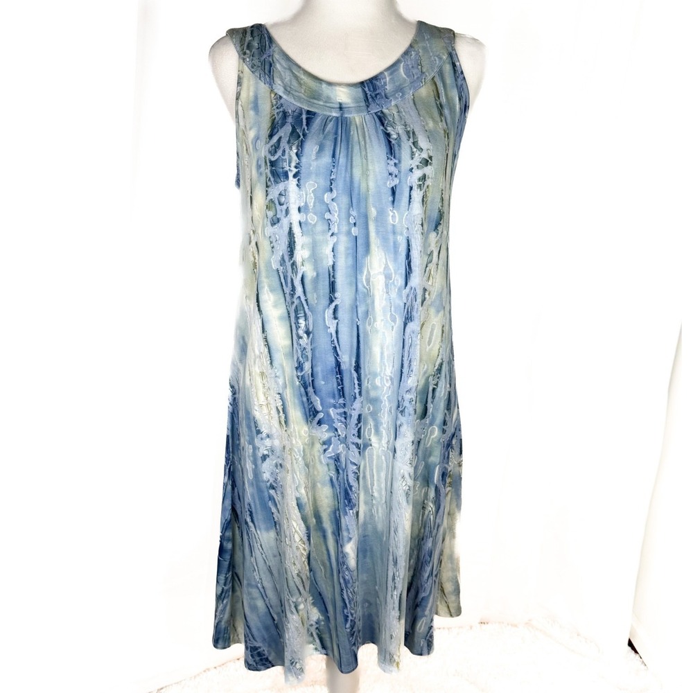 River Dress Small NWT Blue Abstract Sleeveless Swing A-Line Viscose Stretch